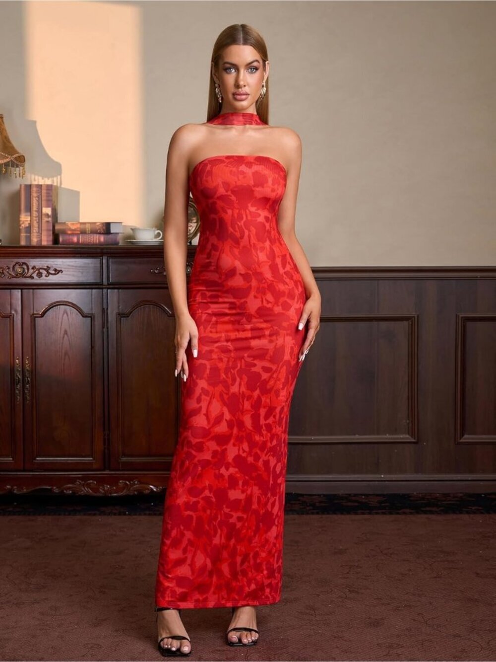 Women's Summer Bodycon Red Print Maxi Halter Neck Formal Cocktail Party Dress - Picture 3 of 5